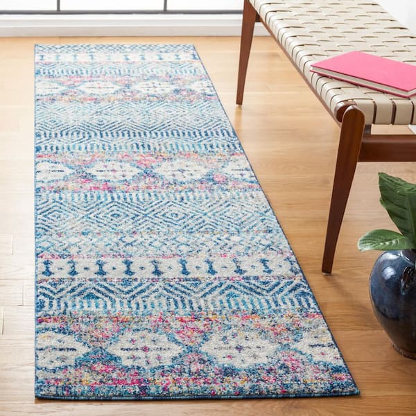 Madison Denim Blue/Purple 2 ft. x 12 ft. Geometric Floral Ikat Runner Rug