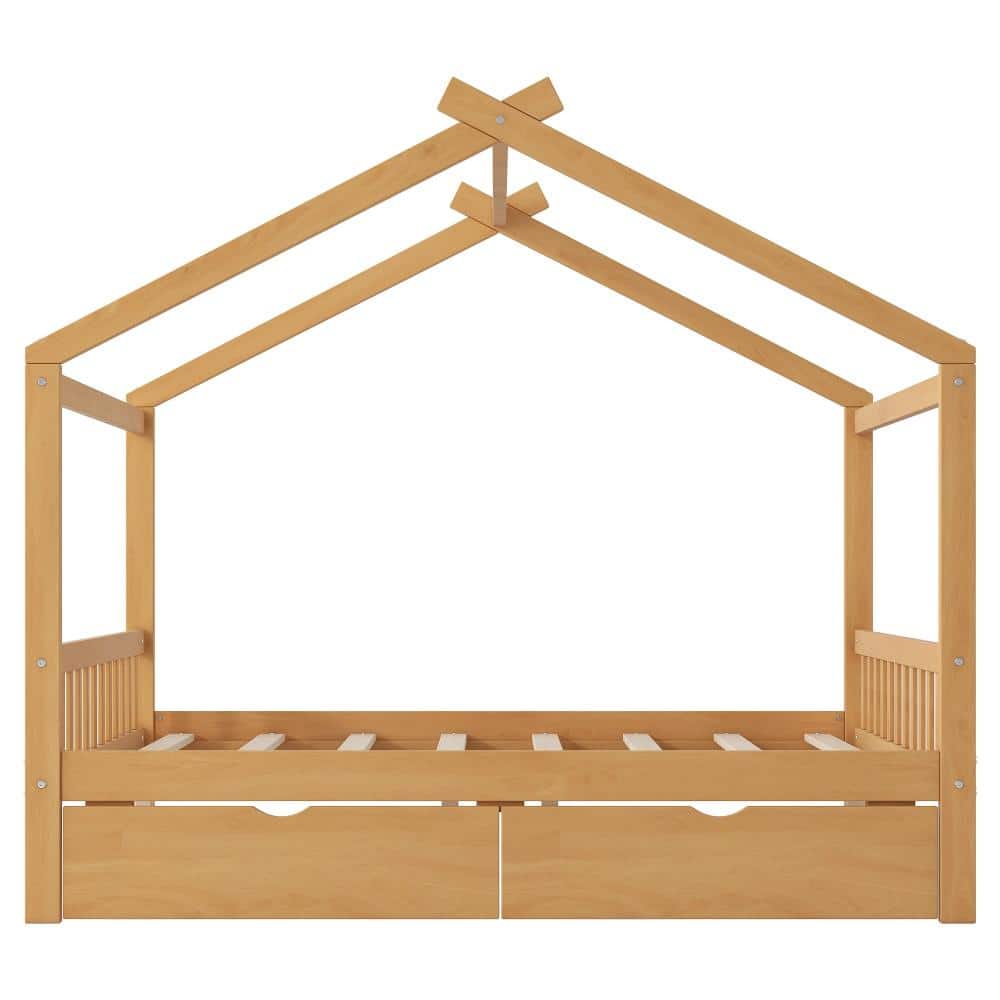 Natural Pine Wood Frame Full Platform Bed with Two Storage Drawers and Roof Design durable construction price history on PriceWatchPro