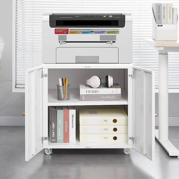 Kahomvis White 23.6 in. H Office Storage Cabinet, Metal Mobile Printer Stand with Adjustable Shelf