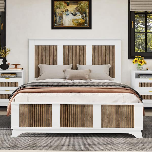 4-Piece White Wood Queen Bedroom Set Platform Bed with Wooden