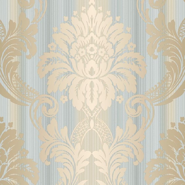 String Damask Wallpaper in Blue and Beige