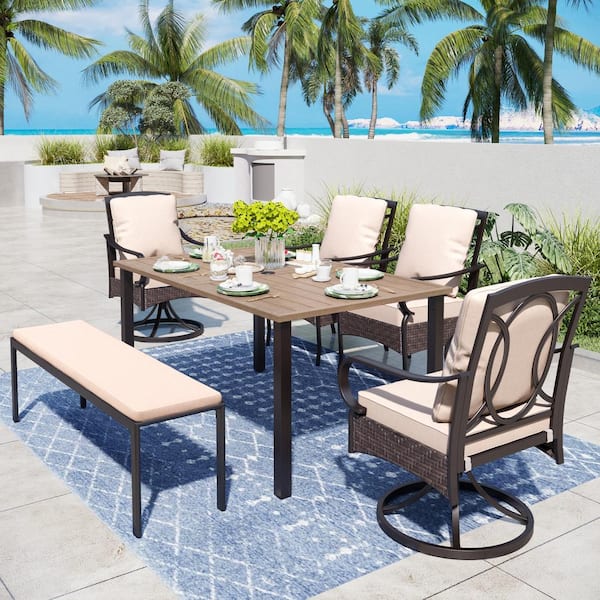PHI VILLA 6-Piece Metal Patio Outdoor Dining Set with Brown Rectangle Table and Fashion Chairs with Beige Cushion