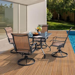 Brown and Black 5-Piece Textilene and Iron Metal Outdoor Dining Set, 4-Swivel Chairs and 37 in. Square Dining Table