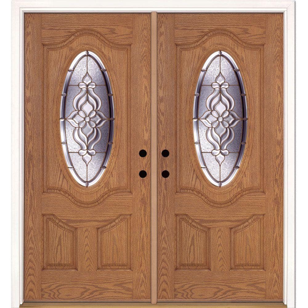 74 in. x 81.625 in. Lakewood Brass 3/4 Oval Lite Stained Light Oak Left-Han