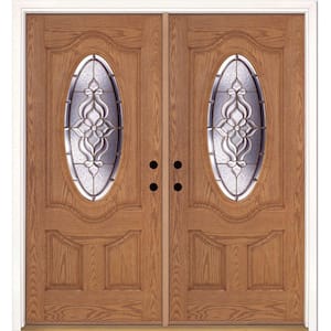 74 in. x 81.625 in. Lakewood Brass 3/4 Oval Lite Stained Light Oak Left-Hand Fiberglass Double Prehung Front Door