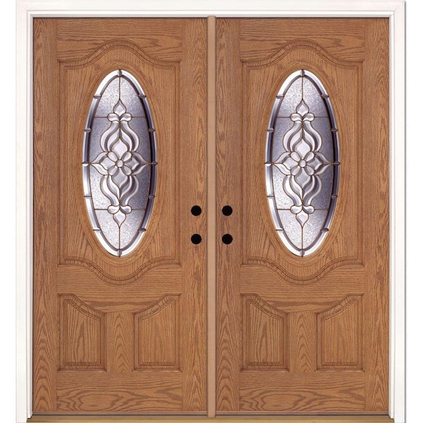 Feather River Doors 74 in. x 81.625 in. Lakewood Brass 3/4 Oval Lite Stained Light Oak Left-Hand Fiberglass Double Prehung Front Door