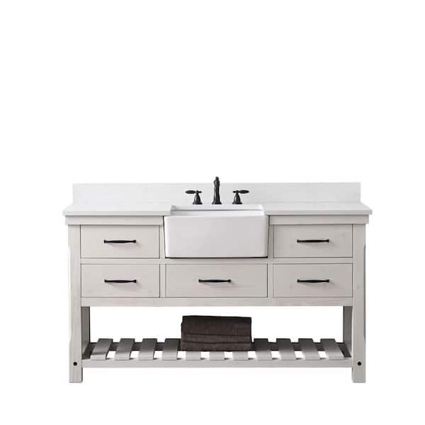 Wesley 60 in. W x 22 in. D Bath Vanity in Weathered White with Engineered Stone Top in Ariston White with White Sink