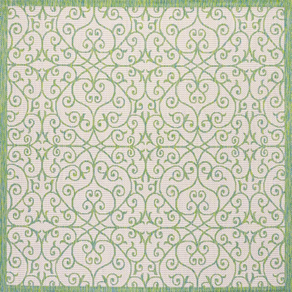 Vintage Filigree Cream/Green 5' Square Indoor/Outdoor Synthetic Rug
