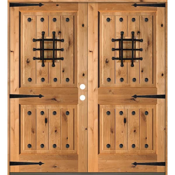 72 in. x 80 in. Mediterranean Knotty Alder Square Top Clear Left-Hand Inswing Wood Double Prehung Front Door