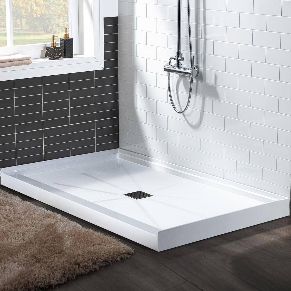 60" x 36" White Solid Surface Rectangular Shower Pan Base with Oil-Rubbed Bronze Drain Cover