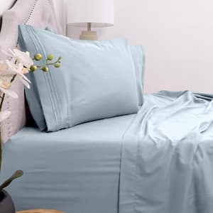 1800 Series 4 Piece Misty Blue Solid Color Microfiber Queen Sheet Set