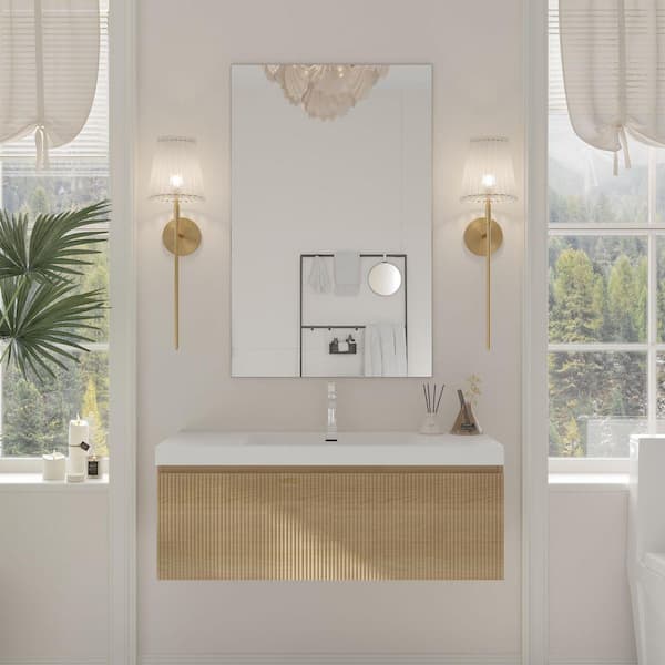 42 in. Wall-Mounted Bath Vanity Floating Bathroom Storage Cabinet in Natural Oak with Glossy White Stone Resin Top