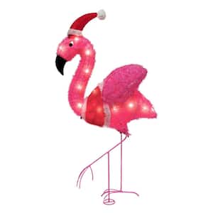 36 in. Tall Multi-Colored Tinsel Flamingo with Christmas Hat Warm White LED Lights, Indoor Outdoor Christmas Decoration