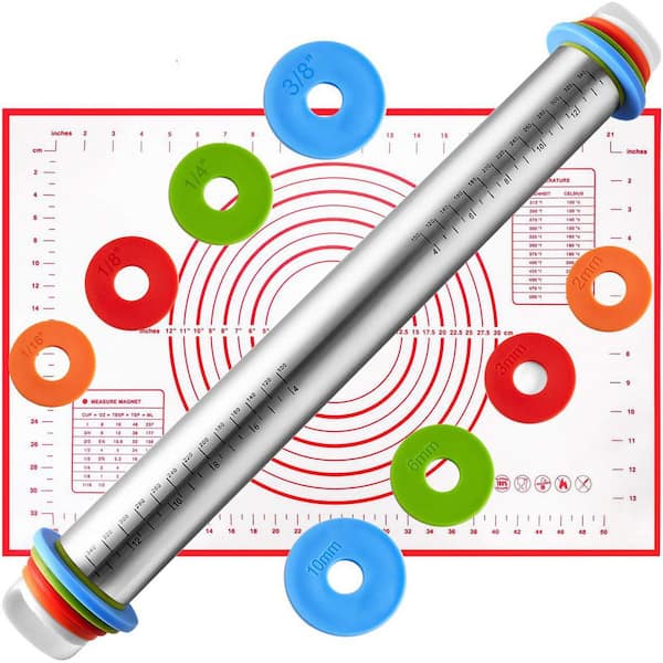 Stainless Steel Rolling Pin with Adjustable Thickness Rings & Silicone Pastry Mat Set for Baking Pizza, Pie, Cookies