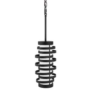 Clancy 13.25 in. 1-Light Textured Matte Black Hanging Outdoor Pendant Light with Etched Glass Shade