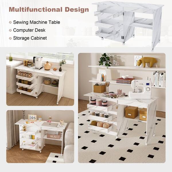 45.67 in. W White Wood 4-in-1 Folding Craft Sewing Table with