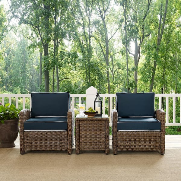 CROSLEY FURNITURE Bradenton 3-Piece Wicker Outdoor Conversation Set with Navy Cushions - 2 Arm Chairs and Side Table