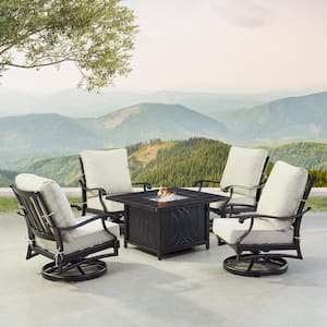 Black 5-Piece Aluminum Patio Fire Table Set with Light Grey Cushions