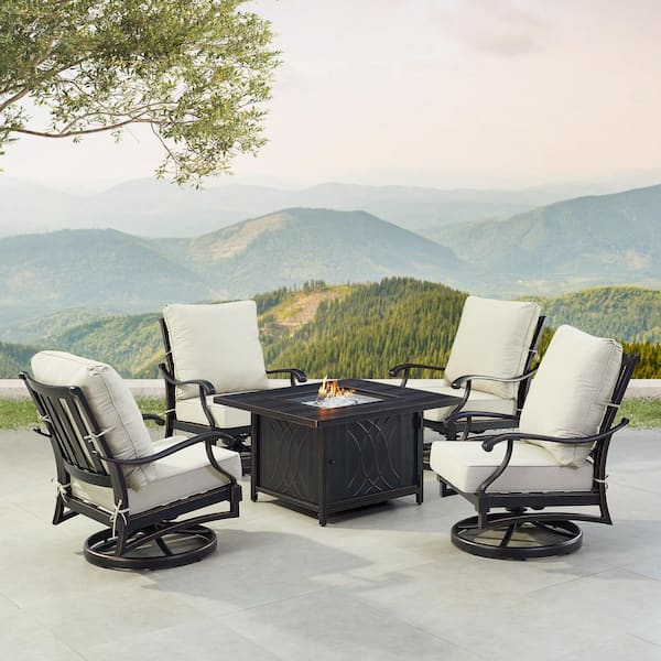 Oakland Living Black 5-Piece Aluminum Patio Fire Table Set with Light Grey Cushions