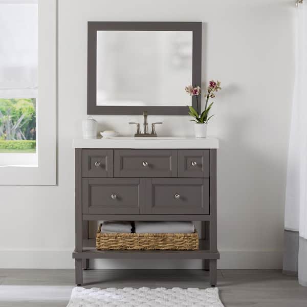 26 in. W x 31 in. H Rectangular Wood Framed Wall Bathroom Vanity Mirror in Taupe Gray