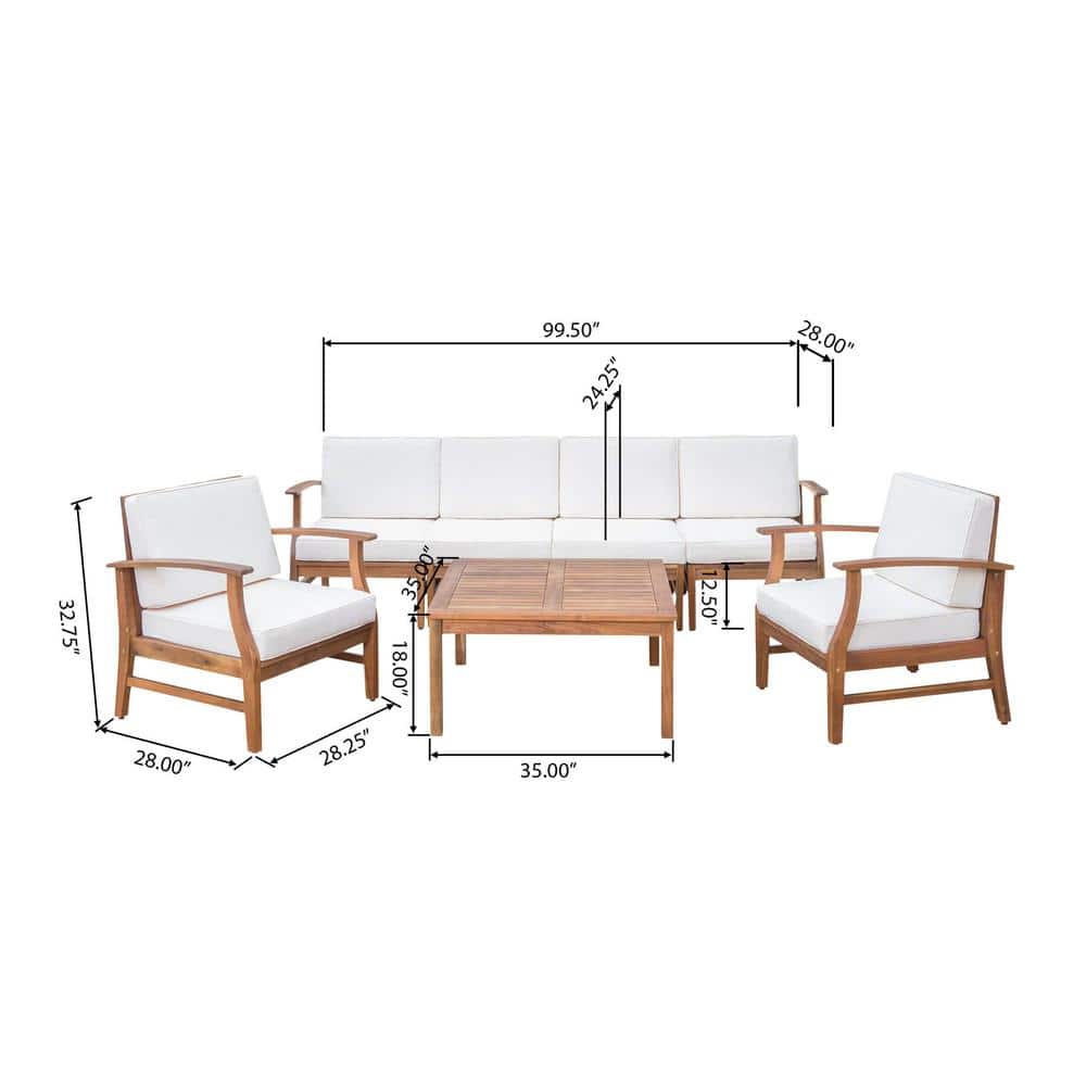 Teak Wood 6-Person Outdoor Sofa and Armchair Set with Cream Cushions