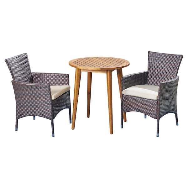 Noble House Bruna Multi-Brown 3-Piece Wood and Wicker Outdoor Bistro Set with Beige Cushions