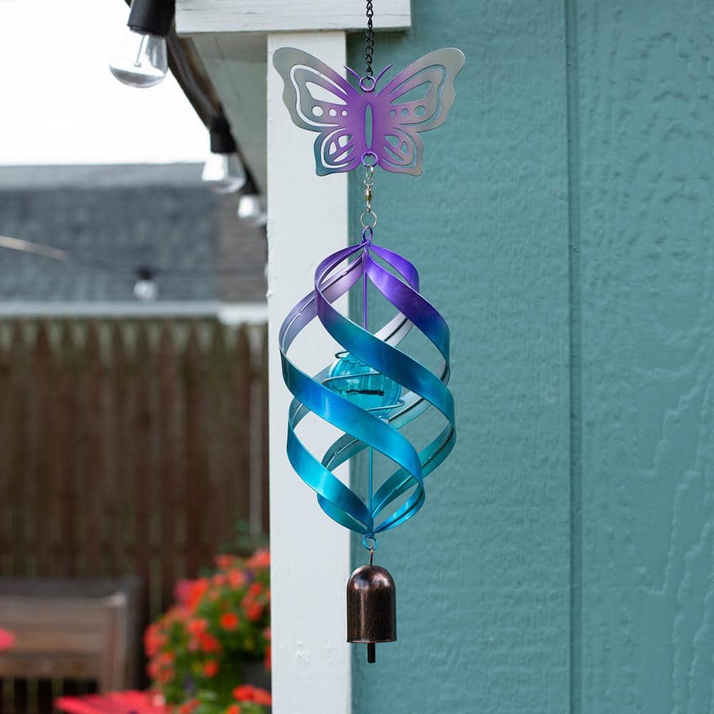 Blue and Purple Metal Butterfly Solar Wind Spinner