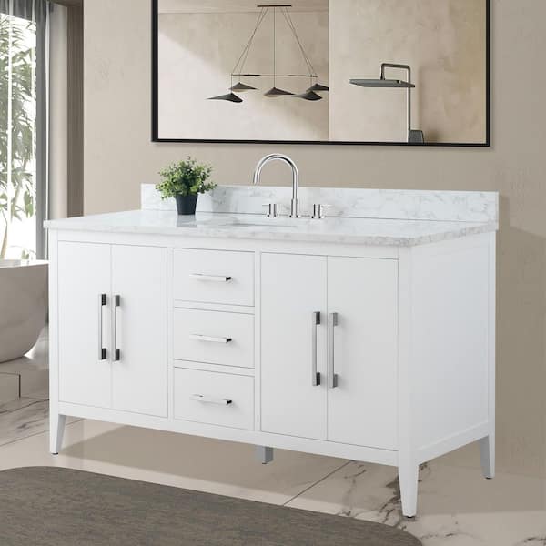 60 in. W x 22 in. D x 34 in. H Single Sink Bathroom Vanity Cabinet in White with Engineered Marble Top in White