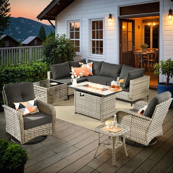 Vinceny Gray 9-Piece Wicker Patio Rectangle Fire Pit Conversation Set with Black Cushions and Swivel Chairs
