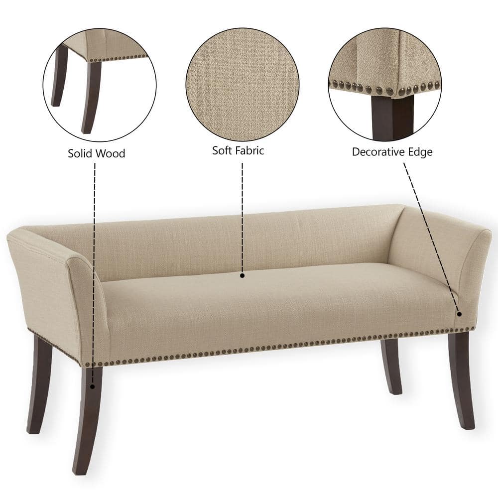 Morocco Wood Finish Cream Upholstered Accent Bench with Nailhead Trim