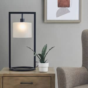 Kittery 24 in. Black Base/Frosted Shade Metal Table Lamp with Glass Drum Shade