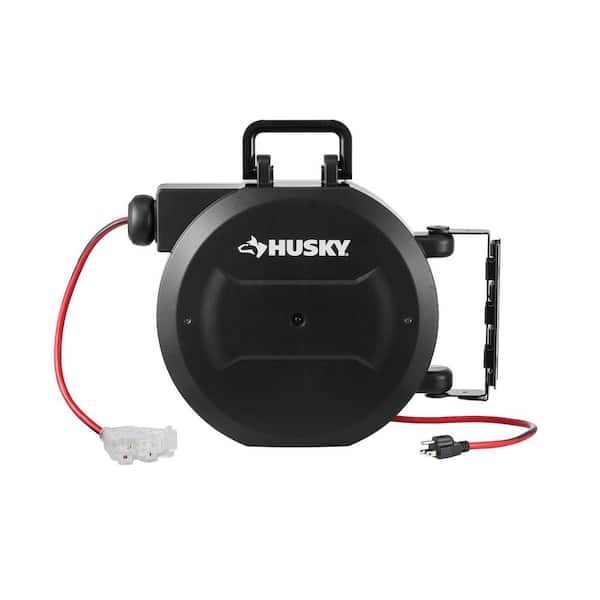 Husky 50 ft. 14/3 Medium Duty Indoor/Outdoor Extension Cord Reel with Multiple Outlet Triple Tap End, Black