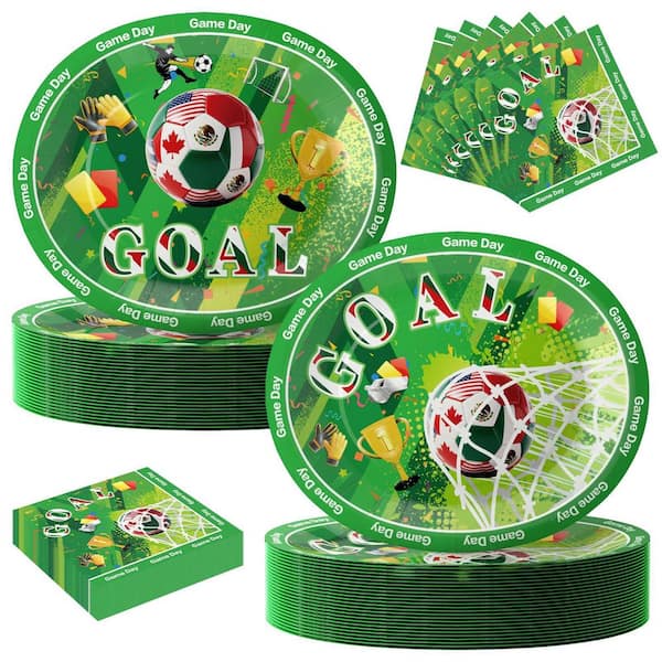 100 Piece World Cup Themed Oval Paper Plates and Napkins Set, Disposable Dinner Plates for Game Day Celebration Decor