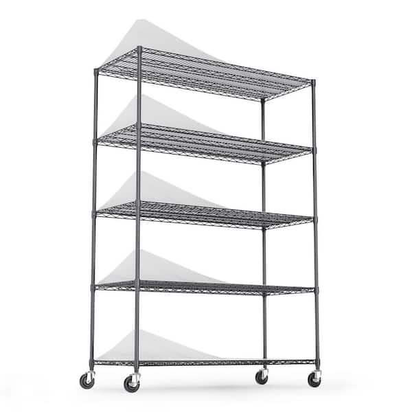 5-Tier Black Metal Shelf Wire Shelving Unit Heavy Duty Adjustable Plant Storage Rack with Wheels (48 in. W x 82 in. H)-