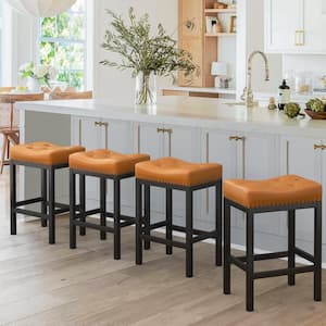 24 in. Whisky Brown Counter Height Saddle Bar Stool Faux Leather Cushion Backless Bar Stool with Metal Legs (Set of 4)