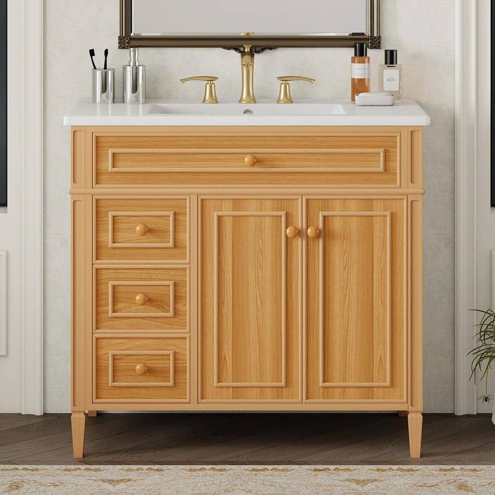 36 in. Single Sink Freestanding Brown Bath Vanity with White Ceramic Sink Top, Solid Wood Storage Cabinet with Drawers price history on PriceWatchPro