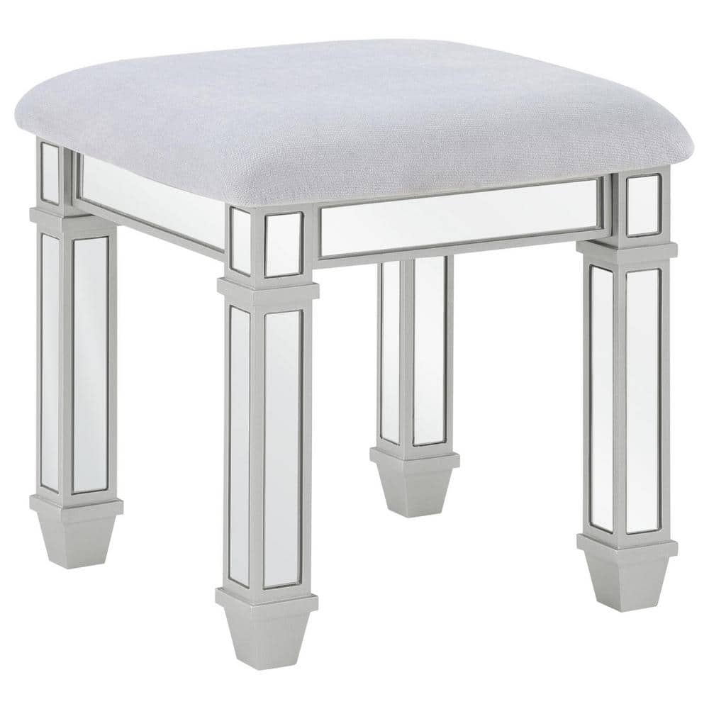 Allora Silver Mirrored Vanity Set with Bench and Hollywood Lighting