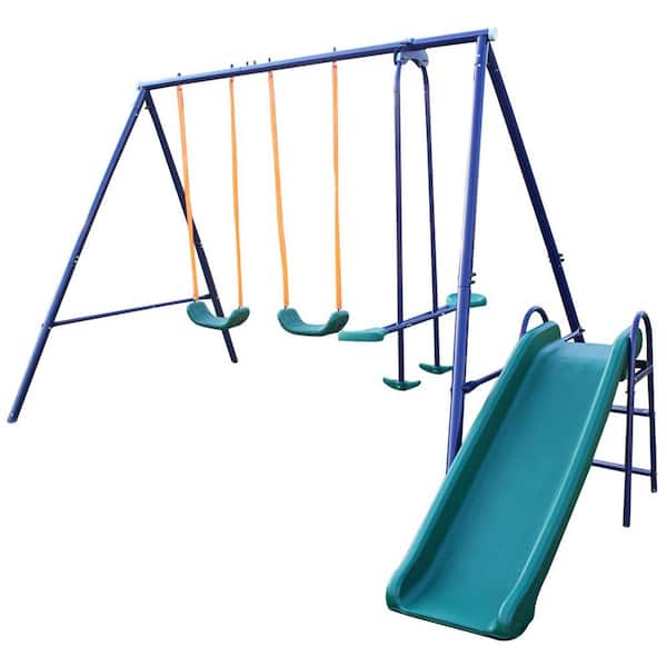 FIROMO 138 in. Up to 5 Kids, Blue, Metal, Patio Swing Set, Green, with Swing Set with Glider, 2-Swings and Slide