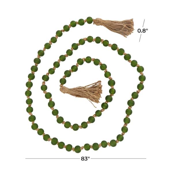 Litton Lane Green Handmade Glass Round Long Frosted Beaded Garland with Tassel with Knotted Brown Jute