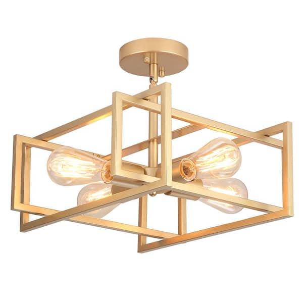 14.96 in. 4-Light Gold Farmhouse Square Frame Semi-Flush Mount Ceiling Light Fixture with Metal Shade