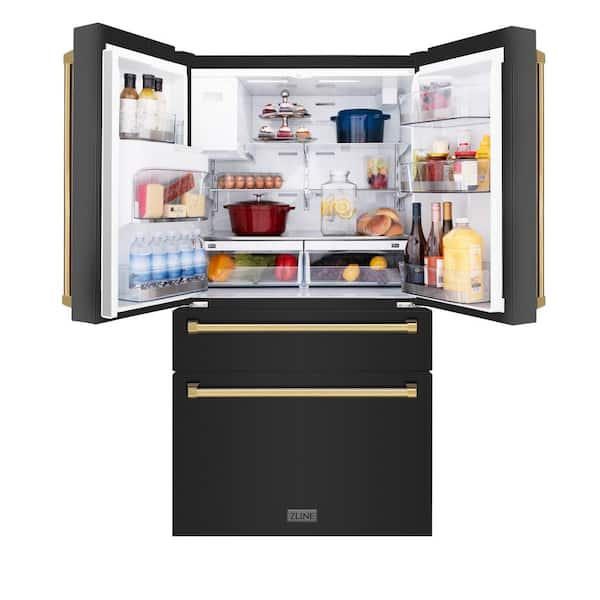 black refrigerator with gold handles