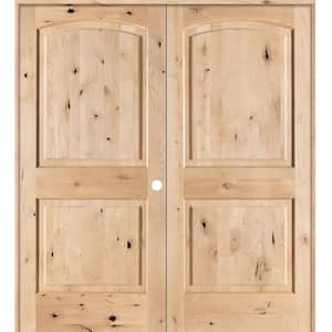 48 in. x 80 in. Rustic Knotty Alder 2-Panel Arch Top Left Handed Solid Core Wood Double Prehung Interior French Door