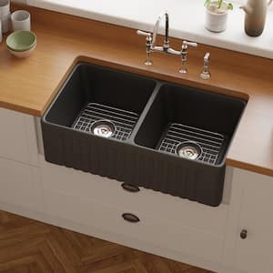 Eclipse 33 in. L 50/50 Farmhouse/Apron-Front Double Bowl Black Ceramic Kitchen Sink with Grid and Strainer