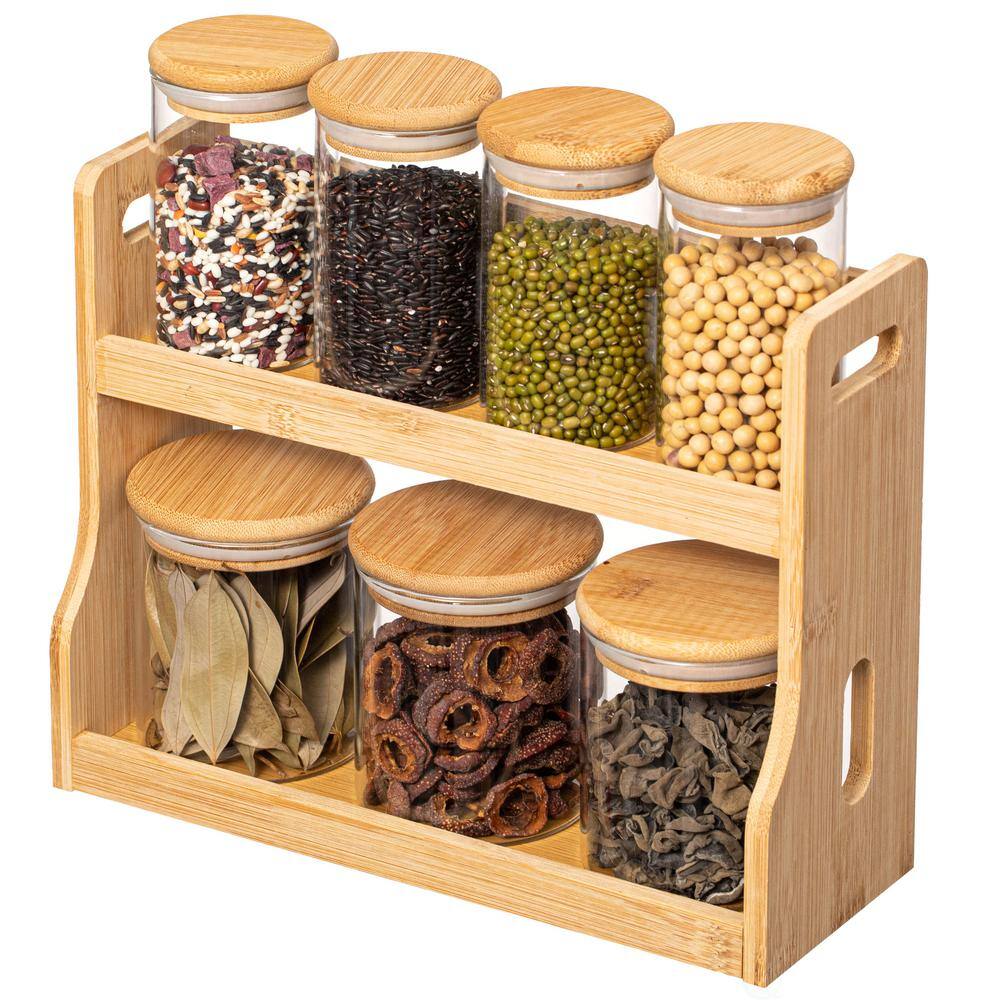 Natural Bamboo 2-Tier Spice Rack with Glass Jars