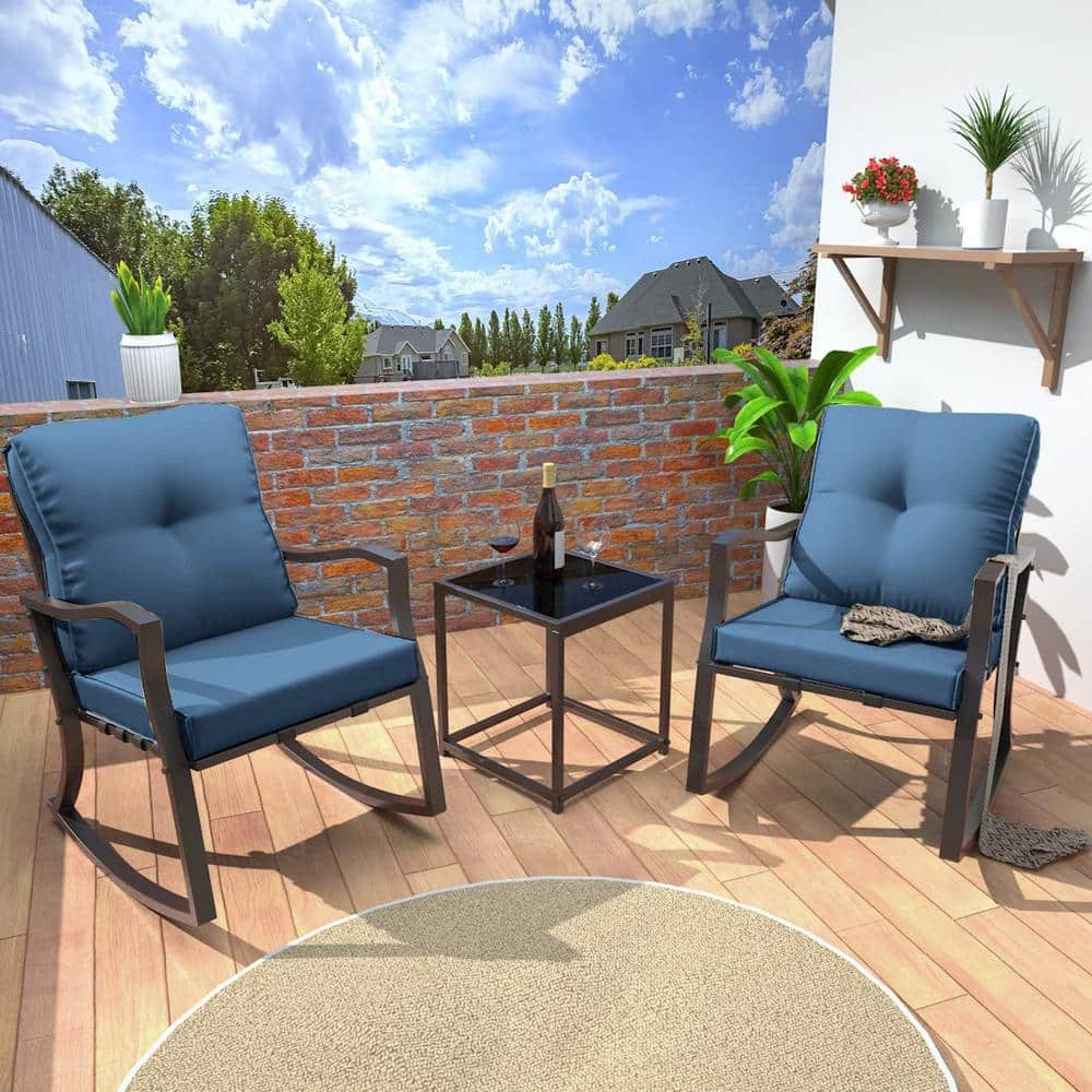 3Piece Metal Outdoor Bistro Sets, Patio Bistro Sets, Outdoor Rocking Chairs with Coffee Table