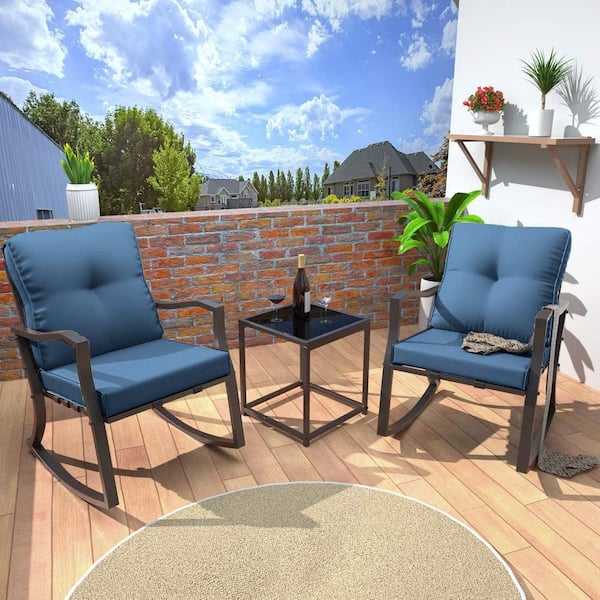 Unbranded 3-Piece Metal Outdoor Bistro Sets, Patio Bistro Sets, Outdoor Rocking Chairs with Coffee Table and 2 Navy Blue Cushions