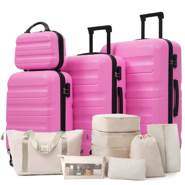 5 or more Bags 5-Piece Pink ABS Dual Spinner Luggage Set with Expandable Duffel Bag, 8 Luggage Bags