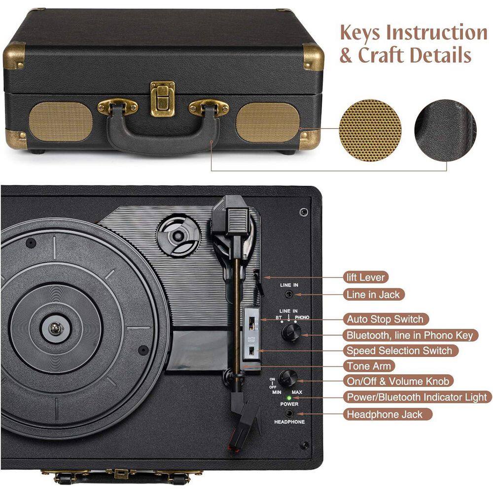 Vintage Black Portable Suitcase Record Player with Built-In Speakers