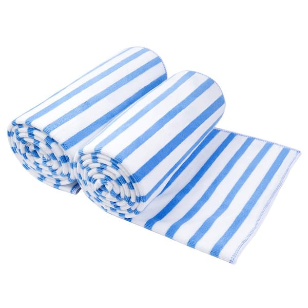 JML Microfiber Bath Towels Blue Stripe Towel Sets, Extra Absorbent, Fast Drying Solid Color (2-Pack)