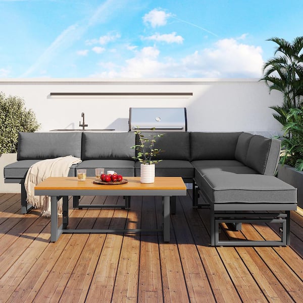 Zeus & Ruta 3-Piece Grey Metal Wood Patio Outdoor Conversation Set with Grey Cushions, Height-adjustable Seating and Coffee Table